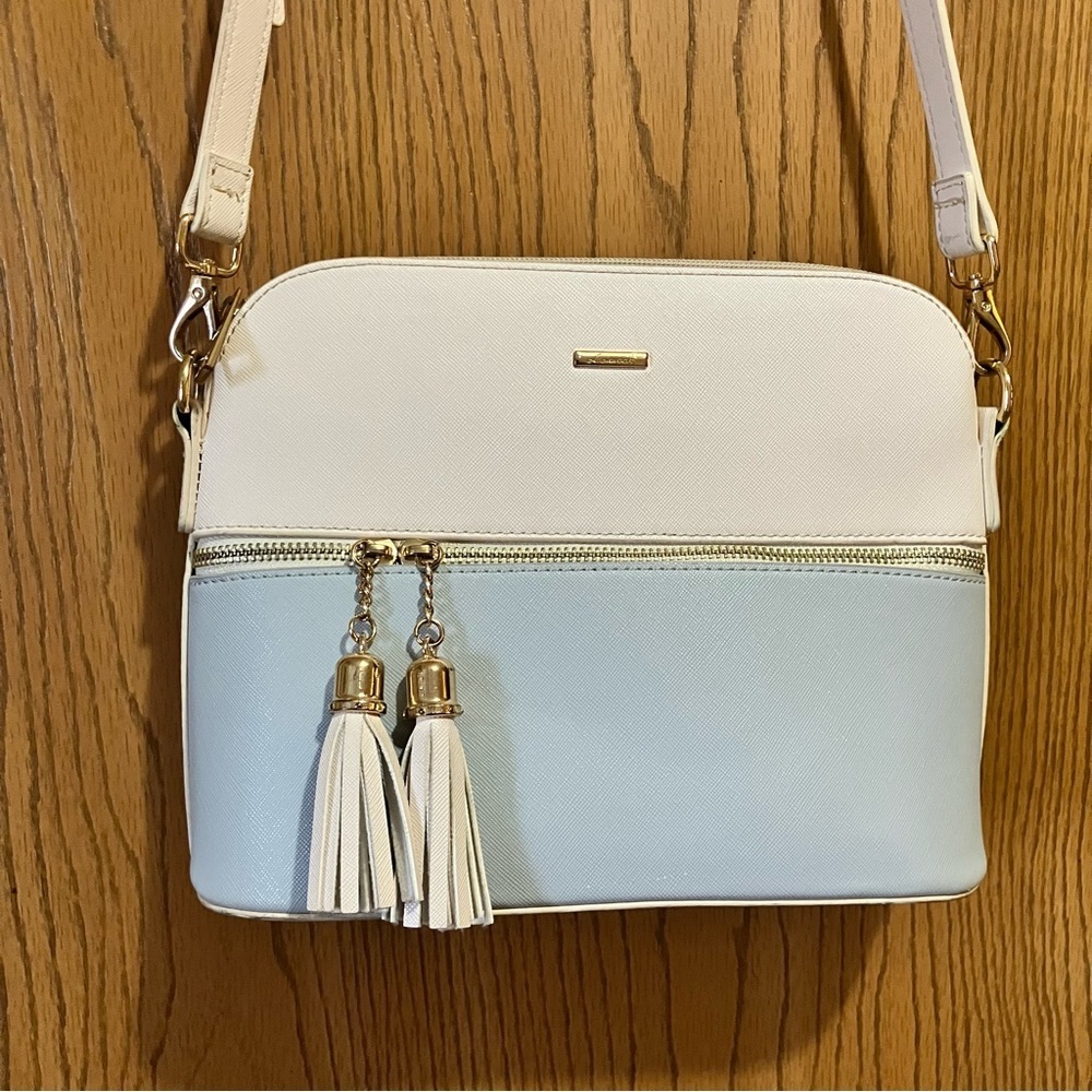 Lovevook White and Light Blue Crossbody Bag with Tassel Accent Adjustable Strap - Picture 2 of 7
